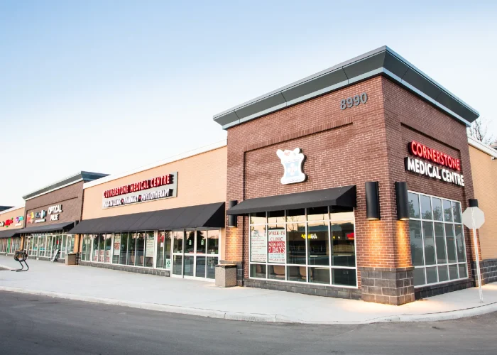 Chinguacousy Marketplace, Brampton – retail strip corner with Cornerstone Medical Centre sign
