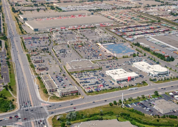 Woodhill Centre, Brampton – aerial view of the plaza and surrounding industrial area