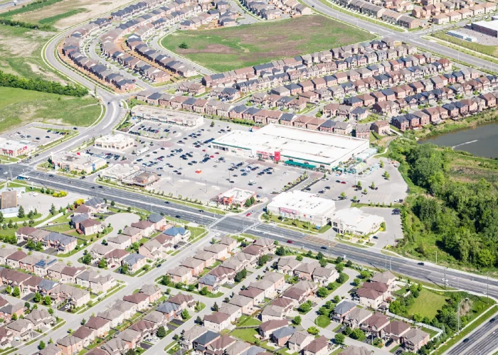 Cachet Village Phase I, Markham – aerial view of the plaza and big-box store among subdivisions