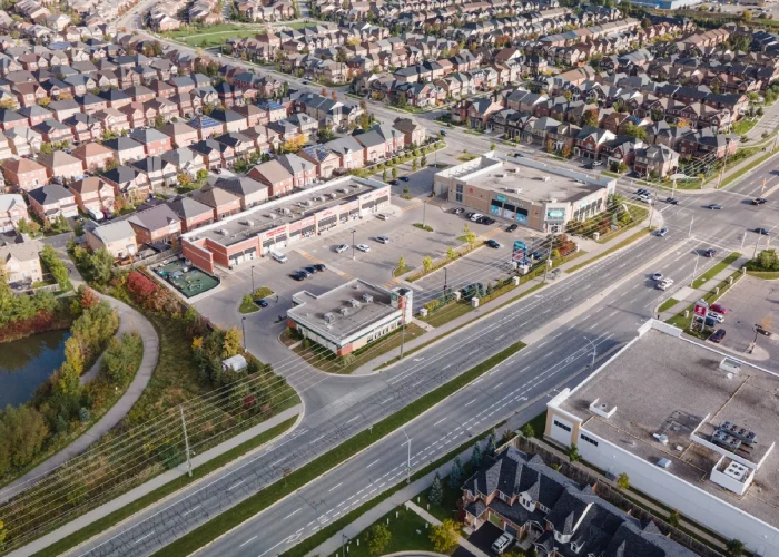Derry Rd W & Scott Blvd, Milton – aerial view of the plaza, intersection and surrounding homes