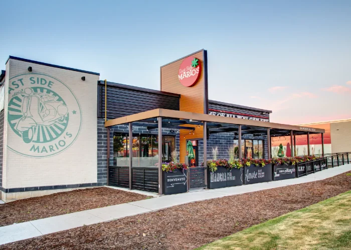 Creekside Crossing, Mississauga – East Side Mario's restaurant exterior at sunset