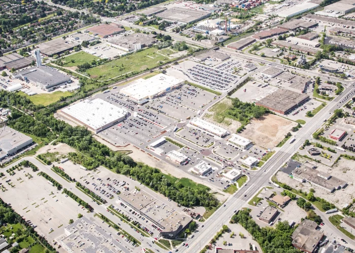 Creekside Crossing, Mississauga – aerial view of the plaza and surrounding industrial area