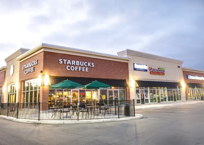 Creekside Crossing, Mississauga – Starbucks Coffee storefront with fenced patio