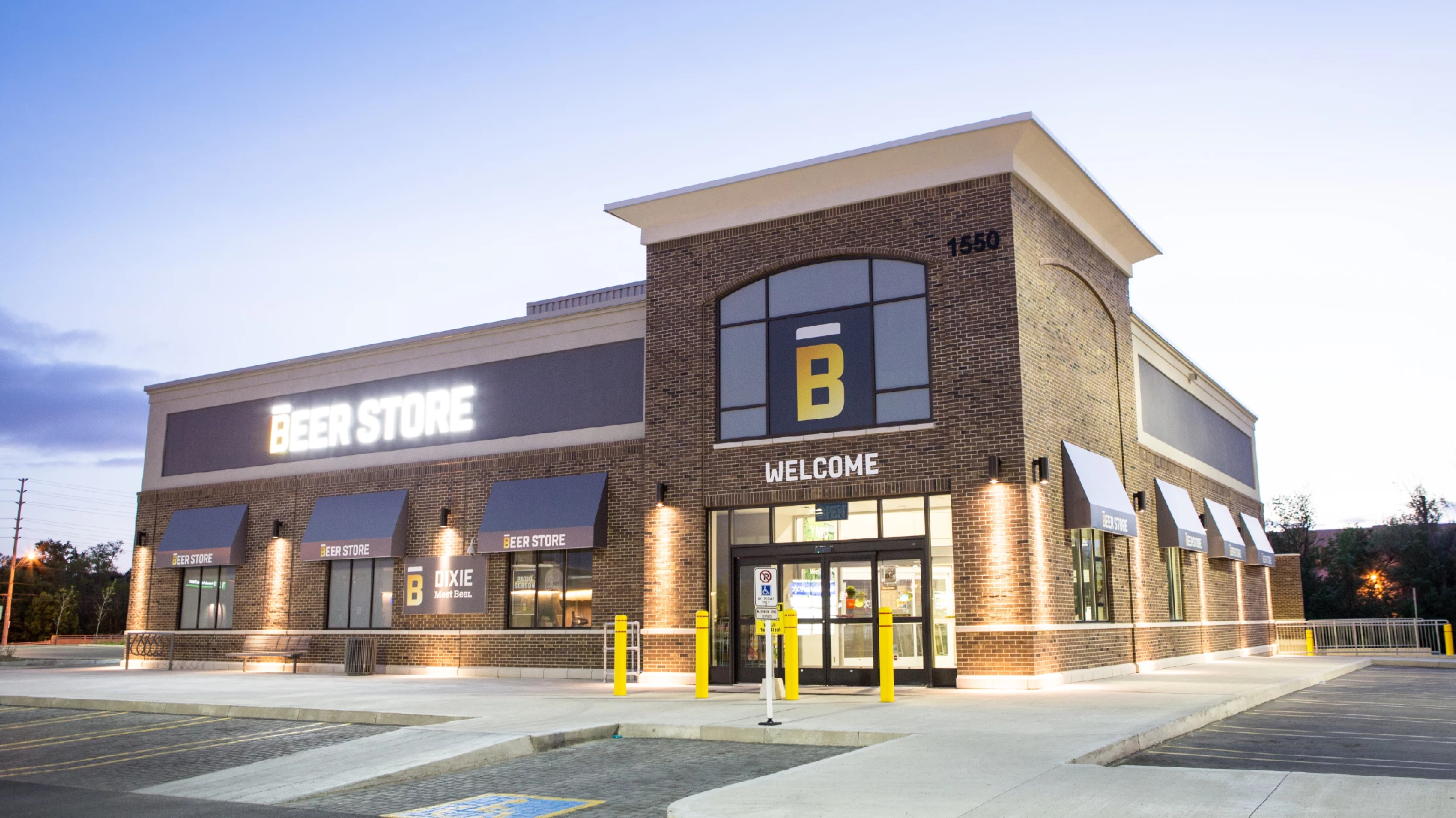 Creekside Crossing, Mississauga – The Beer Store storefront at dusk