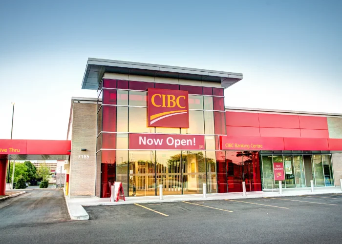 Westwood Square, Mississauga – CIBC branch with drive-thru and Now Open banner