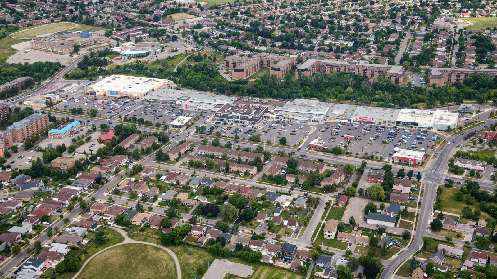 Westwood Square, Mississauga – aerial view of the plaza and surrounding neighbourhood