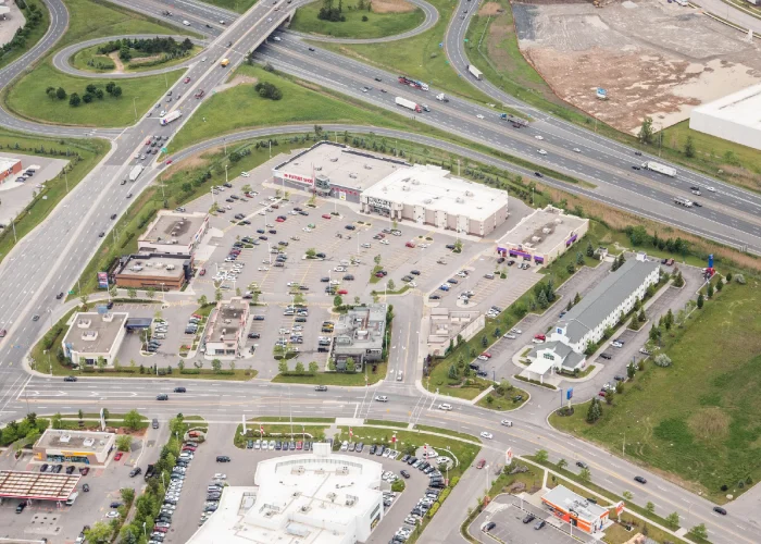 Winston Argentia Centre, Mississauga – aerial view of the plaza beside a highway interchange