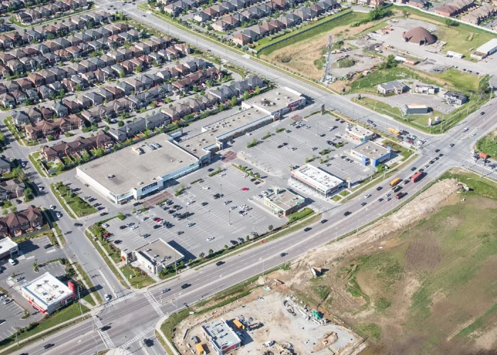 Vellore Village Phase I, Vaughan – aerial view of the plaza, intersection and subdivision