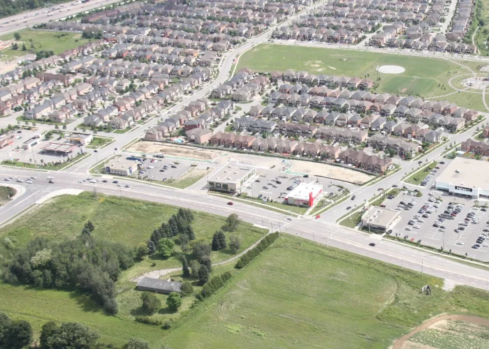 Vellore Village - Phase II, Vaughan – aerial view of the plaza and surrounding subdivision