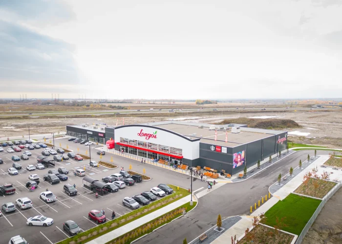 Brooklin Boroughs Phase I, Brooklin – aerial view of the Longo's storefront and parking lot