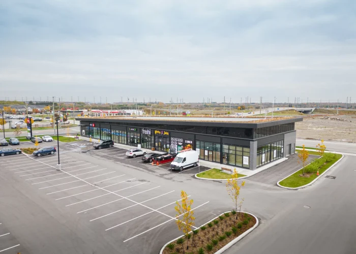 Brooklin Boroughs Phase I, Brooklin – aerial view of a retail strip building and parking lot