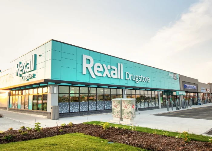 Vista Park Place, Stouffville – Rexall Drugstore storefront with teal facade