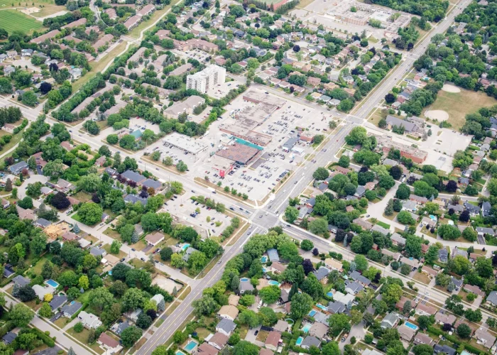 Eastway Plaza, Burlington – aerial view of the plaza among tree-lined residential streets
