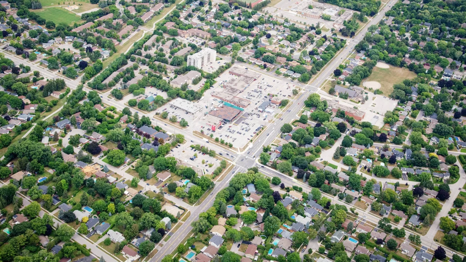 Eastway Plaza, Burlington – aerial view of the plaza among tree-lined residential streets