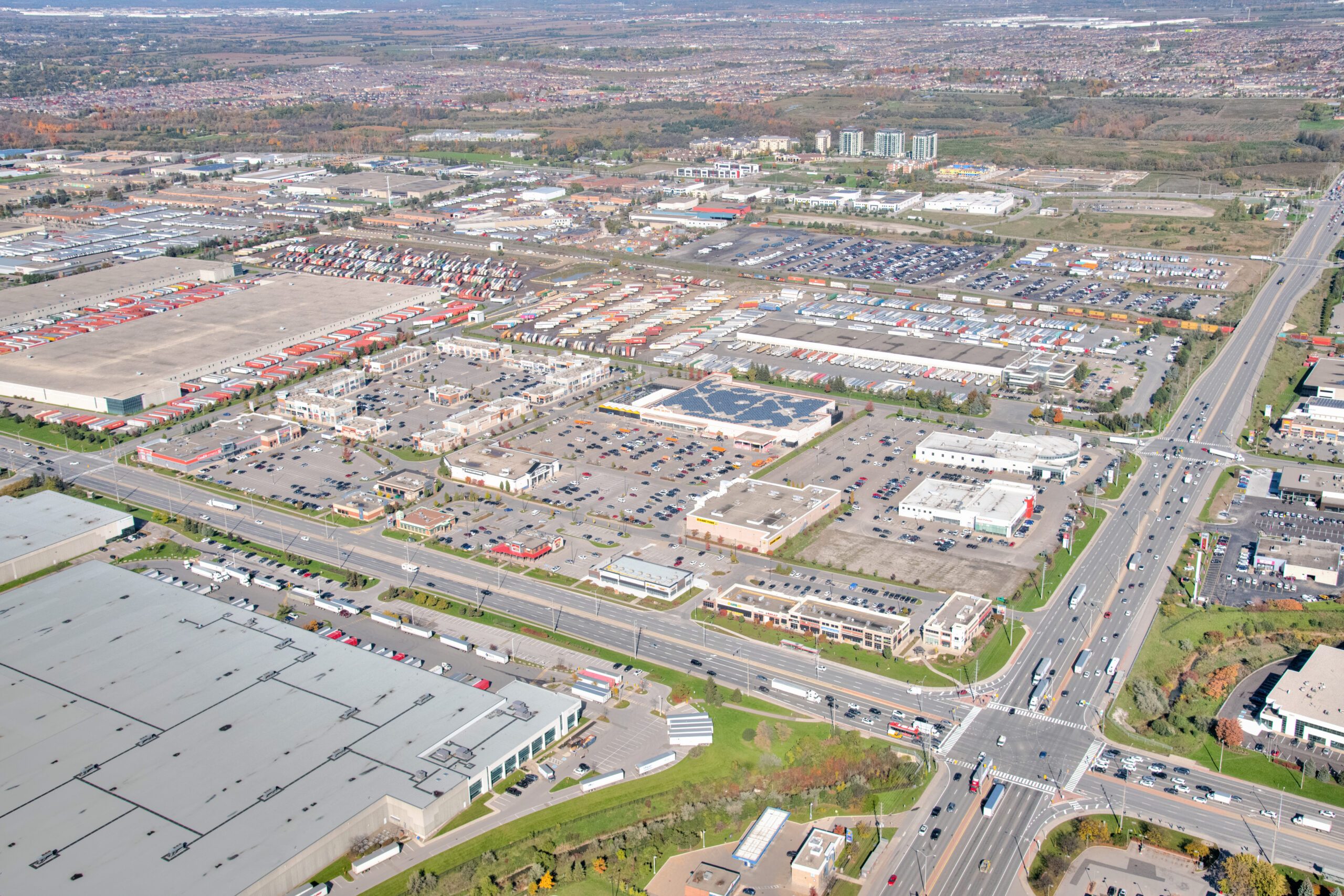 Woodhill Centre, Brampton – aerial view of the plaza, intersection and industrial area