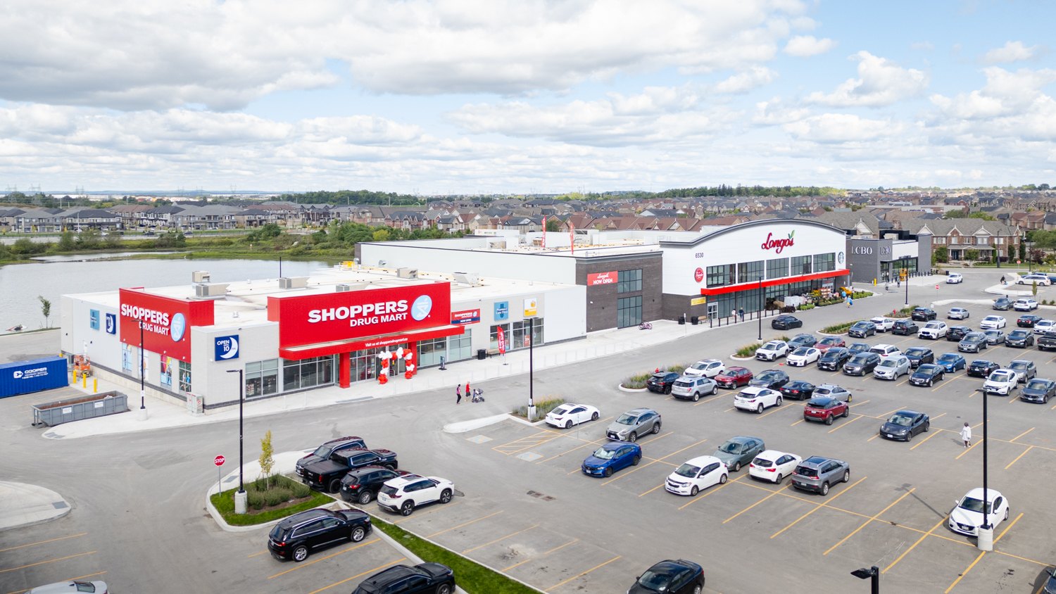 Fieldgate Commercial – aerial view of the plaza with Shoppers Drug Mart and Longo's