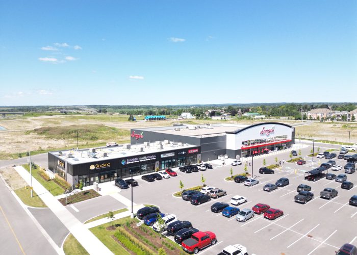 Brooklin Boroughs Phase I, Brooklin – aerial view of the Longo's plaza and retail strip with parking
