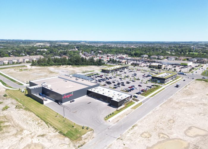 Brooklin Boroughs Phase I, Brooklin – aerial view of the Longo's building and plaza amid graded land