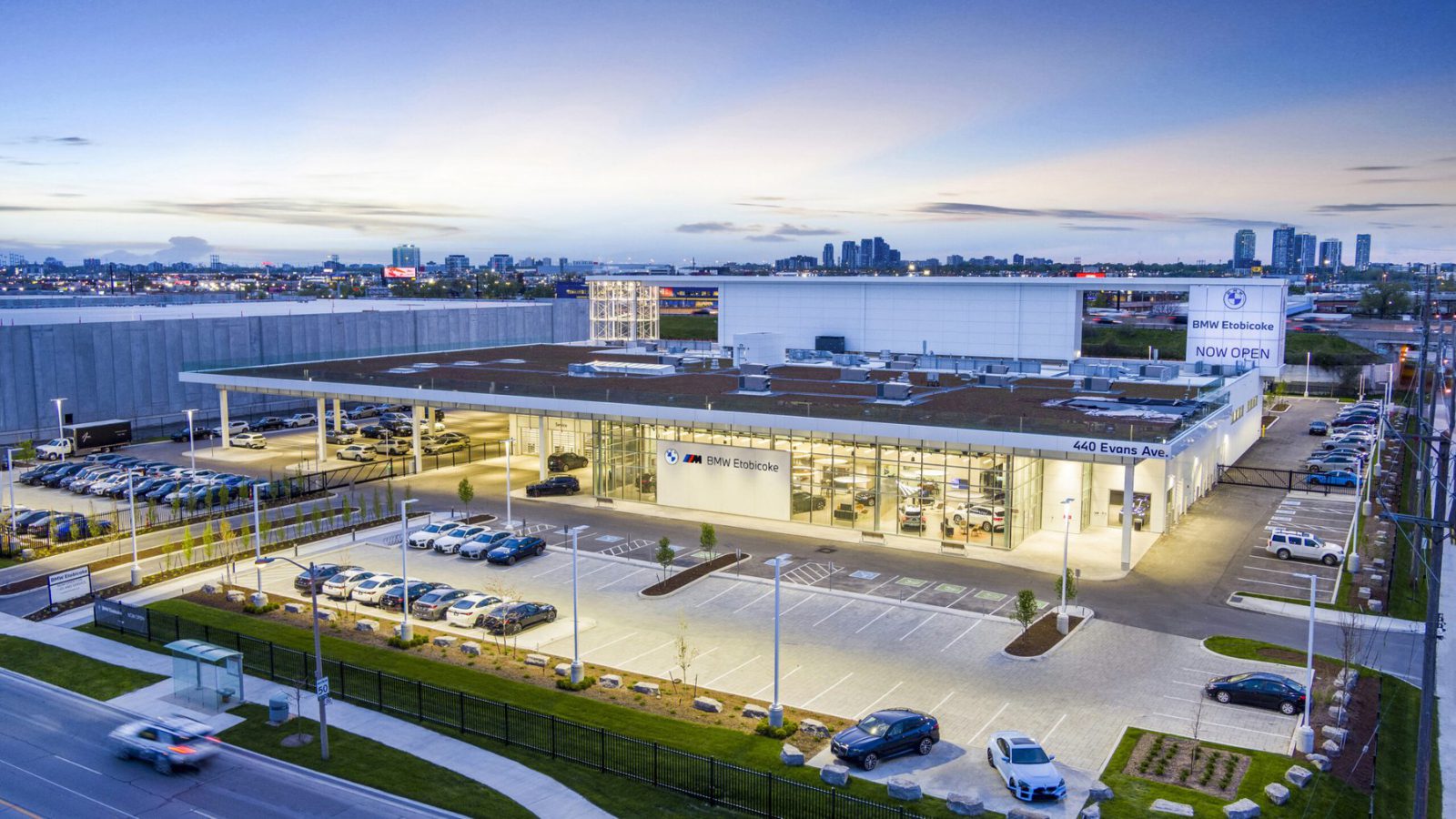 Fieldgate Construction Management LTD. – aerial view of a car dealership building and lot
