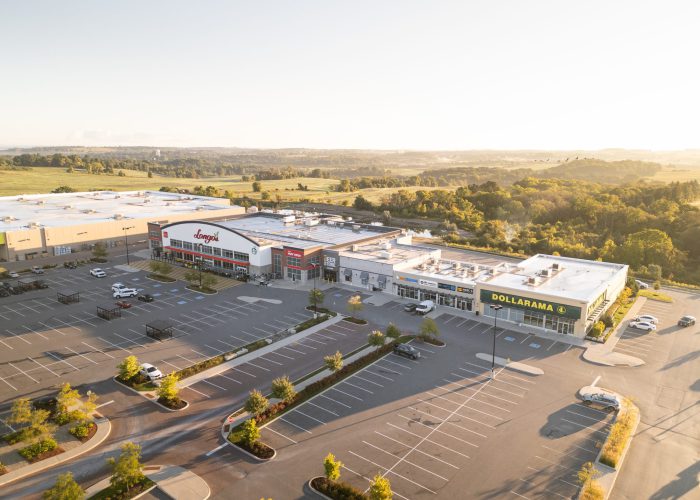 Yonge Green Lane Common, East Gwillimbury – aerial view of the plaza with Longo's and Dollarama at sunset