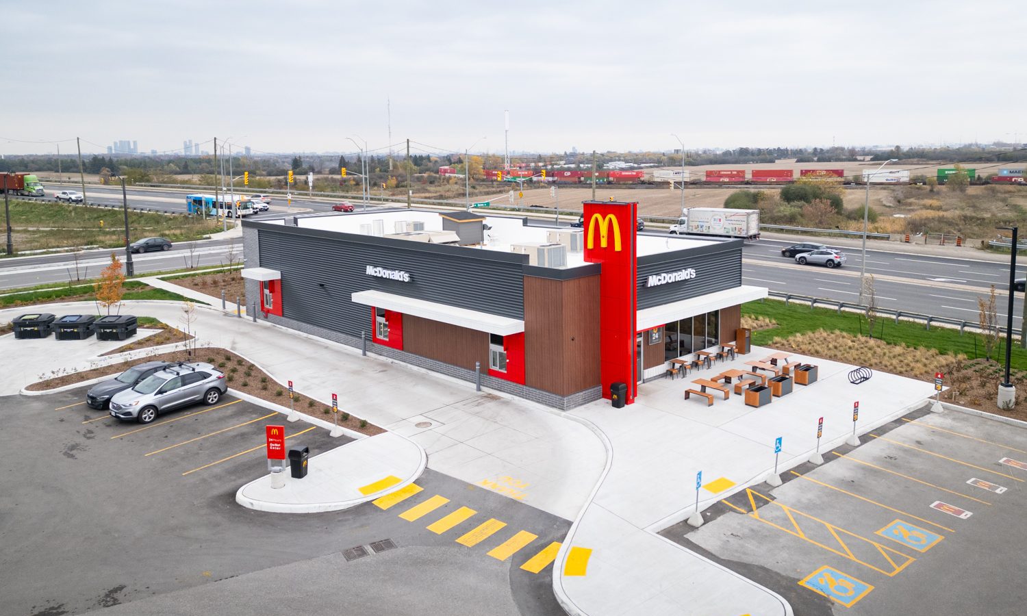 New Kleinburg Marketplace, Kleinburg – elevated view of the McDonald's pad building with drive-through
