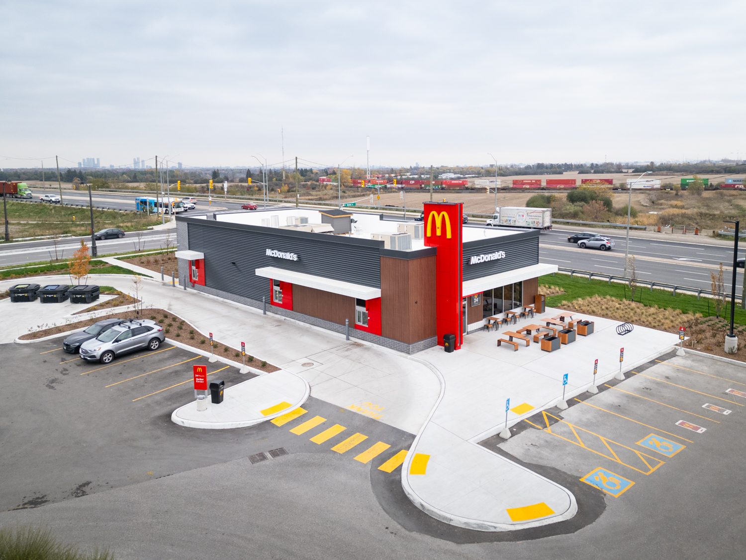 New Kleinburg Marketplace, Kleinburg – elevated view of the McDonald's pad building with drive-through