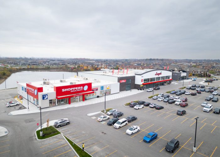 New Kleinburg Marketplace, Kleinburg – elevated view of the plaza with Shoppers Drug Mart and Longo's