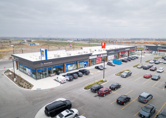 New Kleinburg Marketplace, Kleinburg – elevated view of the retail strip and parking lot with cars