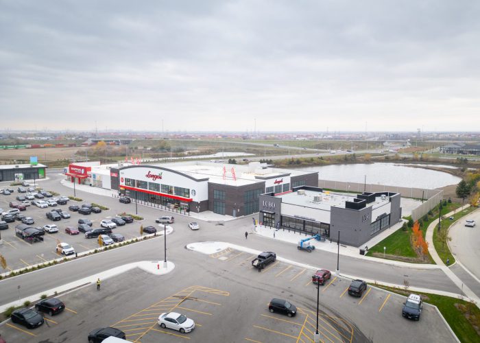 New Kleinburg Marketplace, Kleinburg – elevated view of the plaza and parking lot with Longo's and a pond