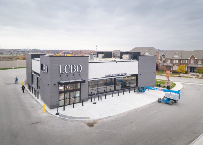 New Kleinburg Marketplace, Kleinburg – elevated view of the LCBO building with a boom lift