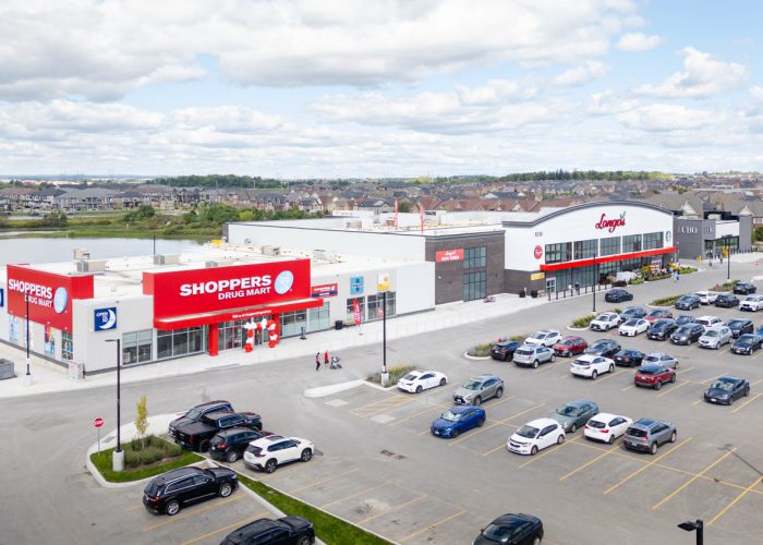 New Kleinburg Marketplace, Kleinburg – elevated view of the parking lot with Shoppers Drug Mart and Longo's