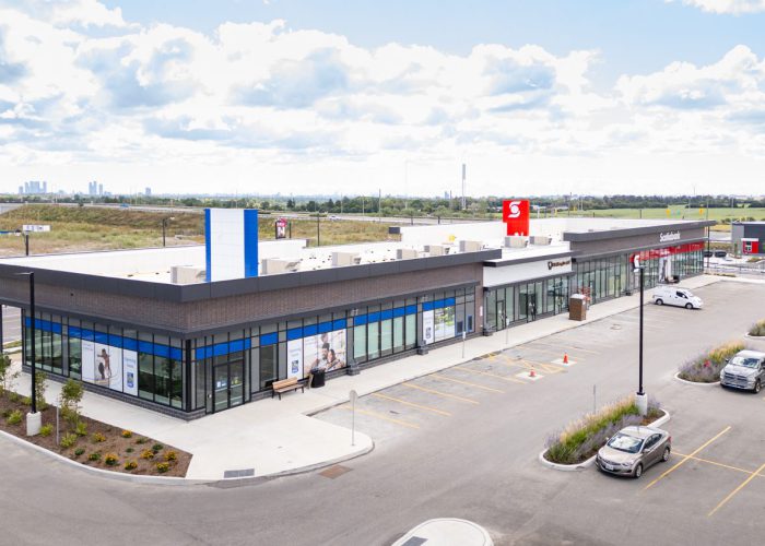 New Kleinburg Marketplace, Kleinburg – elevated view of the BMO pad building and plaza