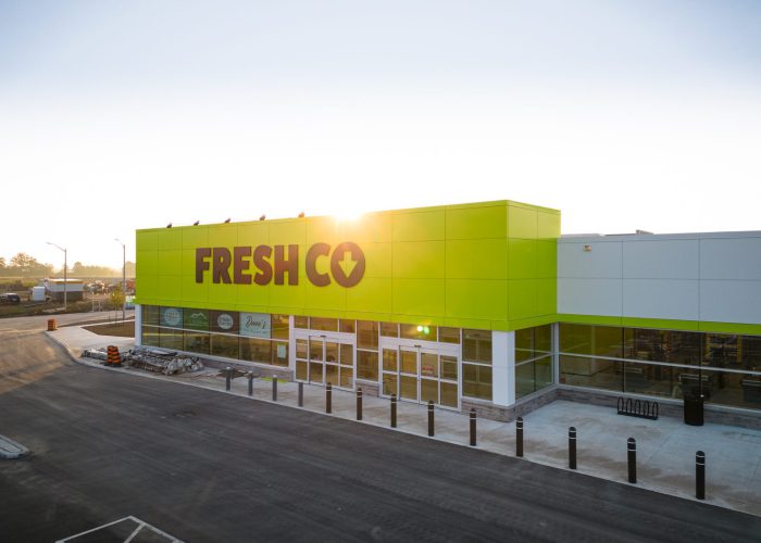 Mazmik Marketplace, Milton – FreshCo storefront entrance in sunlight