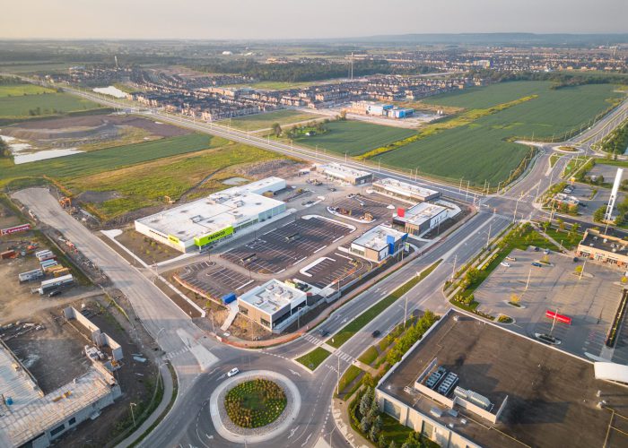 Mazmik Marketplace, Milton – aerial view of the plaza, parking lot and roundabout