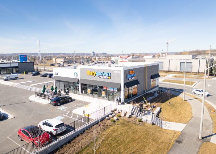 Mazmik Marketplace, Milton – elevated view of the Mary Brown's pad building and patio