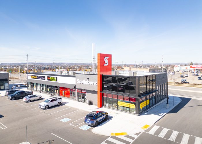 Mazmik Marketplace, Milton – elevated view of the Scotiabank pad building