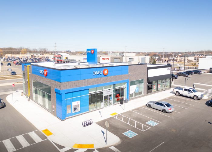 Mazmik Marketplace, Milton – elevated view of the BMO pad building