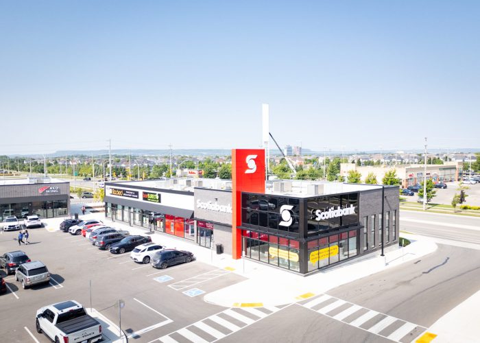 Mazmik Marketplace, Milton – elevated view of the Scotiabank pad building