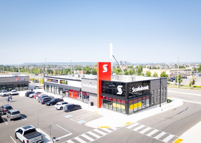 Mazmik Marketplace, Milton – aerial view of the retail row and Scotiabank at the plaza entrance