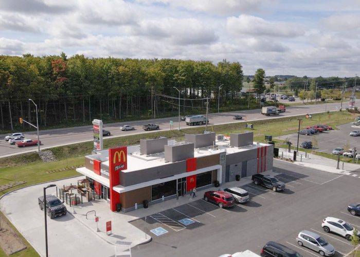 Emerald Crossing Phase I & II, Shelburne – low aerial view of the McDonald's restaurant and parking lot