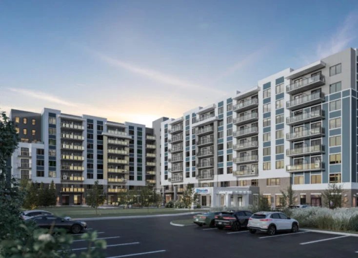 Bloom Lindsay – rendering of a mid-rise residential building at dusk