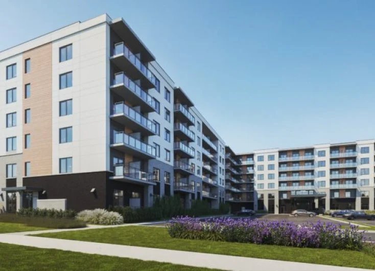 Bloom London – rendering of a mid-rise residential building with landscaping